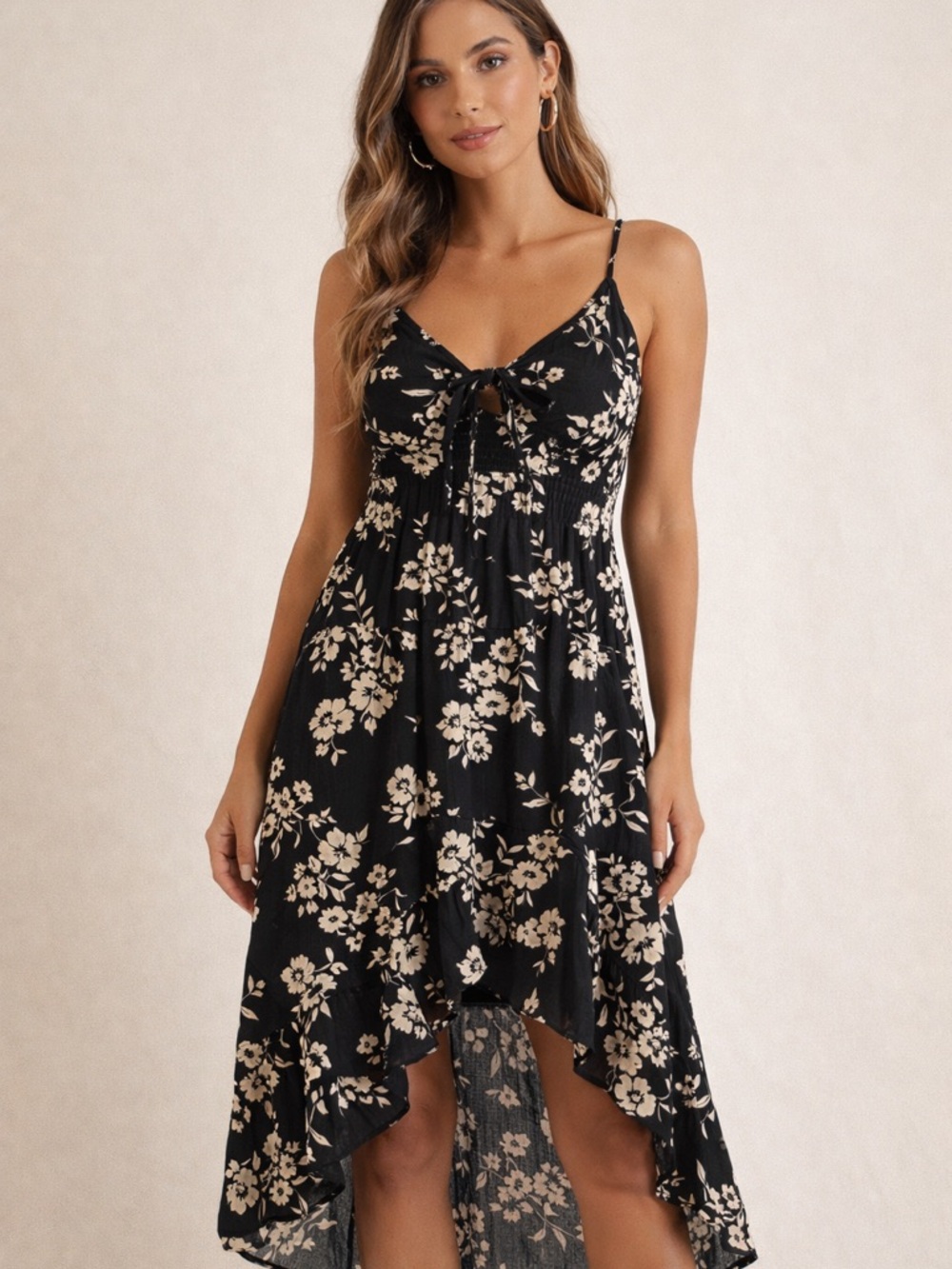 Justice Black Dress with Cream Floral Print High-Low Hem